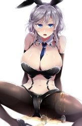 Rule 34 | 1girl, animal ears, azur lane, bad id, bad pixiv id, blue eyes, blush, breasts, cleavage, high heels, highres, large breasts, mikumo shinden, mole, mole on breast, necktie, open mouth, rabbit ears, silver hair, spill, washington (azur lane), white background