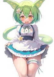 Rule 34 | 1girl, absurdres, animal ears, bridal garter, clothes lift, commentary request, flower, green hair, hair between eyes, hair flower, hair ornament, hakusyokuto, highres, lifting own clothes, long hair, long sleeves, looking at viewer, maid, orange eyes, see-through, see-through shirt, shirt, simple background, skirt, skirt lift, solo, standing, thighs, voicevox, wet, wet clothes, wet hair, wet shirt, wet skirt, white background, white flower, white shirt, zundamon