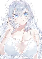 Rule 34 | 1girl, absurdres, blue eyes, blush, breasts, cleavage, collarbone, dress, grey hair, hair between eyes, highres, huge breasts, kou mashiro, long hair, looking at viewer, mole, mole under mouth, original, see-through, see-through cleavage, simple background, smile, solo, upper body, very long hair, white background, white dress