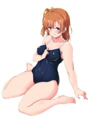 Rule 34 | 1girl, absurdres, blue eyes, blue one-piece swimsuit, blush, brown hair, clothes pull, competition school swimsuit, covered erect nipples, covered navel, highres, kosaka honoka, looking at viewer, love live!, love live! school idol project, one-piece swimsuit, one-piece swimsuit pull, school swimsuit, shinonon (iso shino), short hair, side ponytail, sitting, skin tight, skindentation, solo, swimsuit, thick thighs, thighs, wariza, wavy mouth