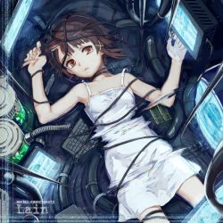 Rule 34 | 1990s (style), 1girl, asymmetrical hair, bad id, bad pixiv id, brown eyes, brown hair, cable, chemise, computer, distortion, hair ornament, hairclip, it&#039;s not water it is liquid carbon, iwakura lain, keyboard (computer), lingerie, lying, monitor, negligee, serial experiments lain, short hair, solo, static, tears, toto (vanilla), underwear, water, wire