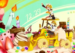 Rule 34 | 1boy, 1girl, akiakane, bad id, bad pixiv id, blonde hair, blue eyes, bow, brother and sister, candle, candy, chocolate, chocolate bar, food, fruit, hair bow, hair ornament, hairclip, happy birthday, jelly bean, kagamine len, kagamine rin, kneeling, outstretched arm, ponytail, short hair, siblings, sitting, steamroller, strawberry, tractor, twins, vocaloid