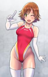 Rule 34 | 1girl, absurdres, aiuti, asics, brown hair, clenched hand, collarbone, commentary request, competition swimsuit, cowboy shot, elbow gloves, gloves, gluteal fold, grey background, highleg, highleg swimsuit, highres, honda mio, idolmaster, idolmaster cinderella girls, index finger raised, logo parody, looking at viewer, one-piece swimsuit, one eye closed, open mouth, red one-piece swimsuit, short hair, smile, solo, standing, striped clothes, striped one-piece swimsuit, swimsuit, thighhighs, white gloves, white thighhighs, yellow eyes