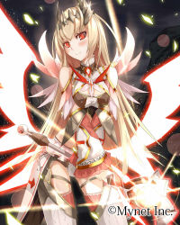 Rule 34 | 1girl, blonde hair, blush, cowboy shot, detached sleeves, falkyrie no monshou, headgear, long hair, looking at viewer, official art, red eyes, scepter, smile, solo, takanashie, valkyrie no monshou, wings