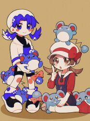 2girls animal_ears animal_nose bandana beanie black_footwear black_shorts blue_eyes blue_footwear blue_hair blue_overalls blue_shirt blush blush_stickers bow brown_eyes brown_hair cabbie_hat clothed_pokemon creatures_(company) cropped_jacket dot_nose eyelashes game_freak gen_2_pokemon hand_up hat hat_bow hat_ribbon highres holding holding_pokemon hood hood_down index_finger_raised jacket kneeling kris_(pokemon) limited_palette long_sleeves looking_at_viewer lyra_(pokemon) marill mikakami1e multicolored_clothes multicolored_footwear multicolored_shorts multiple_girls nintendo on_head open_mouth overalls parted_bangs pixels pokemon pokemon_(creature) pokemon_gsc pokemon_hgss pokemon_on_head red_bow red_footwear red_ribbon red_shirt ribbon shirt shorts sidelocks sitting smile square standing twintails wariza white_hat white_hood white_jacket white_shorts