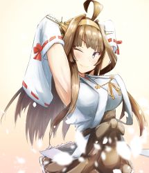 Rule 34 | 1girl, ahoge, arms behind head, arms up, beige background, brown hair, brown skirt, commentary request, detached sleeves, double bun, gradient background, hair bun, hairband, headgear, highres, japanese clothes, kantai collection, kongou (kancolle), long hair, looking at viewer, one eye closed, purple eyes, ribbon-trimmed sleeves, ribbon trim, skirt, solo, yomitsuna