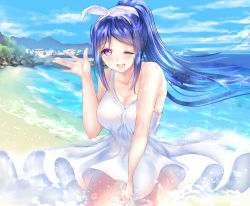 Rule 34 | 10s, 1girl, bad id, bad pixiv id, beach, blue hair, blush, breasts, cleavage, day, dress, long hair, looking at viewer, love live!, love live! school idol festival, love live! sunshine!!, matsuura kanan, md5 mismatch, one eye closed, open mouth, ponytail, ponytail korosuke, purple eyes, revision, shore, smile, solo, sundress, white dress