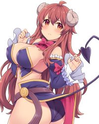 Rule 34 | amane hasuhito, ass, breasts, cleavage, curled horns, demon girl, demon horns, demon tail, detached sleeves, horns, large breasts, long hair, machikado mazoku, red eyes, red hair, simple background, tail, white background, yoshida yuuko (machikado mazoku)