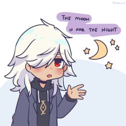 Rule 34 | artist name, black sweater, commentary, crescent, cyno (genshin impact), english commentary, english text, genshin impact, grey jacket, highres, hood, hoodie, jacket, jewelry, makoto 774, necklace, red eyes, simple background, star (sky), sweater, white hair