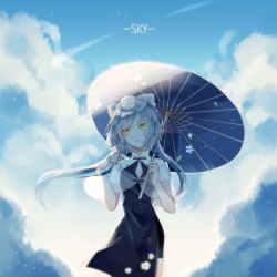 Rule 34 | 1girl, absurdres, blue sky, blue umbrella, cloud, day, floating hair, flower, hair flower, hair ornament, highres, holding, holding umbrella, long hair, luo tianyi, nail polish, oil-paper umbrella, outdoors, pink nails, rose, see-through, short hair with long locks, short sleeves, silver hair, sky, solo, standing, twintails, umbrella, very long hair, vocaloid, white flower, white rose
