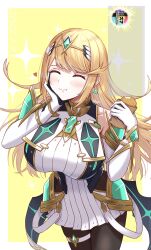 Rule 34 | absurdres, arm armor, bare shoulders, black pantyhose, blonde hair, breasts, chest jewel, closed eyes, dangle earrings, dress, earrings, eating, elbow gloves, gloves, highres, jewelry, large breasts, long hair, microskirt, mythra (massive melee) (xenoblade), mythra (xenoblade), neon trim, pantyhose, pleated dress, pleated skirt, short dress, skirt, sleeveless, sleeveless dress, swept bangs, taro (peach taro51), thigh strap, tiara, very long hair, white dress, white skirt, wide hips, xenoblade chronicles (series), xenoblade chronicles 2