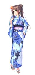 Rule 34 | absurdres, amakano ~second season~, anger vein, azarashi soft, blue kimono, blush, braid, brown hair, french braid, frown, full body, game cg, hair ornament, hairclip, hairpin, hand on own hip, high ponytail, highres, ichinose honami (amakano), japanese clothes, kimono, long hair, long sleeves, piromizu, sandals, solo, tachi-e, transparent background
