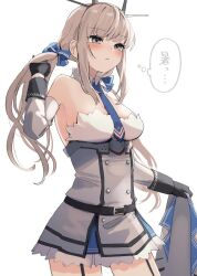 Rule 34 | 1girl, belt, black belt, black gloves, blonde hair, blue necktie, blue skirt, blush, breasts, cowboy shot, gloves, grey eyes, headgear, kantai collection, large breasts, long hair, maryland (kancolle), necktie, one-hour drawing challenge, parted lips, simple background, skirt, solo, thought bubble, white background, yamashichi (mtseven)