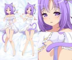 Rule 34 | 10s, 1girl, absurdres, animal ears, barefoot, bed sheet, bell, blush, cat ears, cat tail, chestnut mouth, commentary, commission, dakimakura (medium), dress, english commentary, extra, frilled dress, frills, hair ribbon, highres, jingle bell, looking at viewer, medium hair, multiple views, neck bell, nekopara, off shoulder, one side up, panties, parted lips, purple eyes, purple hair, ribbon, rinine, tail, underwear, white panties, yellow ribbon