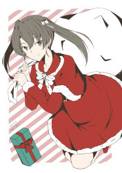 Rule 34 | 1girl, capelet, christmas, commentary request, dress, fur-trimmed capelet, fur-trimmed dress, fur trim, gift, grey eyes, grey hair, highres, kantai collection, long hair, official alternate costume, red capelet, red dress, sack, solo, taira yuuki, zuikaku (kancolle)