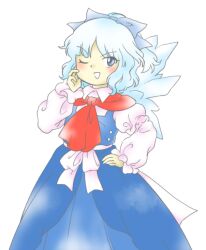 Rule 34 | 1girl, ;d, blue bow, blue dress, blue eyes, blue hair, blue wings, bow, cirno, collared shirt, dress, fairy, flat chest, front bow, hair bow, hand up, ice, ice wings, juliet sleeves, light blue hair, long sleeves, nonamejd, official style, one eye closed, open mouth, parted bangs, pinafore dress, puffy sleeves, red scarf, sash, scarf, shirt, short hair, simple background, sleeveless, sleeveless dress, smile, solo, touhou, white background, white bow, white sash, white shirt, wings, zun (style)