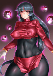 Rule 34 | 1girl, absurdres, arms at sides, black bodysuit, blunt bangs, blush, bodysuit, bodysuit under clothes, breasts, closed mouth, covered erect nipples, cowboy shot, creatures (company), crop top, expressionless, female focus, game freak, gradient background, green hair, groin, highres, large breasts, legs, light blush, long hair, looking at viewer, nintendo, pink eyes, poke ball, pokemon, pokemon frlg, psychic, sabrina (pokemon), shiny clothes, simple background, skin tight, solo, standing, thighs, very long hair, yasuaki023