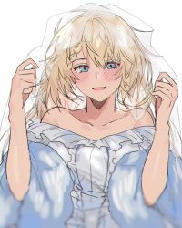 Rule 34 | 1girl, aogisa, bare shoulders, blonde hair, blue eyes, blush, bridal veil, collarbone, dress, fur, g36 (pure white cornflower) (girls&#039; frontline), girls&#039; frontline, hands up, highres, long hair, looking at viewer, official alternate costume, open mouth, s.a.t.8 (girls&#039; frontline), solo, veil, veil lift, wedding dress, white background