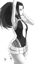 Rule 34 | 10s, 1girl, 2015, armpits, arms up, belt, belt skirt, boku no hero academia, breasts, center opening, dated, dress, expressionless, from side, greyscale, halterneck, high ponytail, hip focus, kumada janbo, leotard, long hair, looking to the side, medium breasts, midriff, monochrome, multiple belts, no bra, non-web source, ponytail, profile, resized, sideboob, sidelocks, simple background, sleeveless, solo, turtleneck, white background, yaoyorozu momo