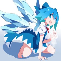Rule 34 | &gt;:d, 1girl, :d, barefoot, blue eyes, blue hair, blush, bow, cirno, commentary, hair bow, highres, ice, ice wings, kujira0710, legs, looking at viewer, mikan (mkn 0710), open mouth, smile, solo, squatting, toes, touhou, v-shaped eyebrows, wings