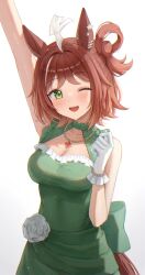 Rule 34 | 1girl, ahoge, alternate costume, animal ears, arm up, blush, breasts, cleavage, collarbone, commentary request, dress, gloves, green eyes, hair ornament, highres, horse ears, horse girl, horse tail, jewelry, medium breasts, medium hair, necklace, one eye closed, open mouth, rhein kraft (umamusume), simple background, tail, umamusume, white background, yoimoriyoru