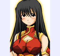 Rule 34 | 1girl, :3, armlet, bare shoulders, black eyes, black hair, blush, breasts, broccoli (company), china dress, chinese clothes, cleavage, cleavage cutout, clothing cutout, cosplay, dress, galaxy angel, gem, genshiken, hair between eyes, impossible clothes, impossible dress, jewelry, large breasts, light smile, long hair, looking at viewer, mole, mole under eye, mole under mouth, oono kanako, outline, pillarboxed, ranpha franboise, ranpha franboise (cosplay), red dress, smile, solo, split mouth, sweatdrop, taut clothes, taut dress, turtleneck