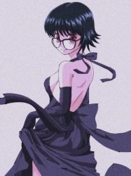 Rule 34 | 1girl, backless outfit, bad id, bad twitter id, bare back, bare shoulders, black dress, black hair, breasts, clothes lift, dress, elbow gloves, enoki (gongindon), feet out of frame, from behind, glasses, gloves, hunter x hunter, lifting own clothes, looking at viewer, looking back, medium breasts, shizuku murasaki, short hair, sideboob, simple background, skirt, skirt lift, smile, solo, wind