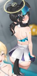 Rule 34 | 2girls, animal ears, ass, bare shoulders, black hair, blue archive, blue eyes, blurry, blurry background, blurry foreground, blush, breasts, cheerleader, closed eyes, crop top, dog ears, dog girl, dog tail, eyewear on head, from behind, goggles, goggles on head, halo, hibiki (blue archive), hibiki (cheer squad) (blue archive), highres, holding, holding clothes, holding skirt, kotori (blue archive), kotori (cheer squad) (blue archive), long hair, makarony, millennium cheerleader outfit (blue archive), multiple girls, open mouth, panties, pom pom (cheerleading), skirt, solo focus, sweat, tail, two-tone skirt, underwear, white panties