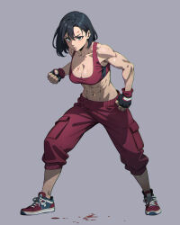 Rule 34 | 1girl, abs, bare shoulders, biceps, black gloves, black hair, blood, blood on face, blood on ground, blood splatter, blue eyes, blue footwear, breasts, cleavage, clenched hands, collarbone, fighting stance, fingerless gloves, fingernails, gloves, grey background, highres, long eyelashes, looking at viewer, medium breasts, messy hair, muscular, muscular female, original, pants, pocket, rebeca mendes, red footwear, red gloves, red shorts, red sports bra, ribs, shiny skin, shoes, short hair, shorts, sneakers, sports bra, sweat, sweatdrop, sweatpants, xenocracy