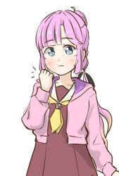 Rule 34 | 1girl, :3, anyoji hime, arm at side, black ribbon, blonde hair, blue eyes, blunt bangs, blush, brown dress, clenched hand, closed mouth, collarbone, commentary request, dress, gradient hair, hair ribbon, hand up, hasu no sora school uniform, jacket, link! like! love live!, long hair, long sleeves, looking at viewer, love live!, multi-tied hair, multicolored hair, neckerchief, open clothes, open jacket, pink hair, pink jacket, pleated dress, ponytail, ribbon, sailor collar, sailor dress, school uniform, sidelocks, simple background, solo, swept bangs, tazaki masanobu, upper body, virtual youtuber, white background, white sailor collar, winter uniform, yellow neckerchief