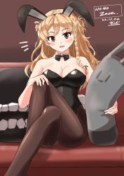 Rule 34 | 1girl, absurdres, animal ears, black leotard, blonde hair, bow, bowtie, braid, breasts, brown eyes, character name, collarbone, couch, crossed legs, cushion, dated, detached collar, fake animal ears, fake tail, french braid, hair between eyes, highres, indoors, kantai collection, leotard, long hair, medium breasts, open mouth, pantyhose, pillow, playboy bunny, rabbit ears, rabbit tail, signature, sitting, smile, solo, strapless, strapless leotard, tail, watashitachino kareshi, wavy hair, wrist cuffs, zara (kancolle)