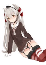 Rule 34 | 10s, 1girl, akiha (attract), amatsukaze (kancolle), bad id, bad twitter id, brown eyes, dress, gloves, kantai collection, long hair, panties, sailor dress, short dress, silver hair, thighhighs, twintails, two side up, underwear, uniform, zettai ryouiki