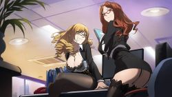 Rule 34 | 2girls, artist request, ass, blonde hair, bra, breasts, brown hair, cleavage, formal, from behind, garter straps, glasses, jewelry, large breasts, miniskirt, mugino shizuri, multiple girls, necklace, office lady, oriana thomason, pencil skirt, red hair, ringlets, sideboob, sitting, skirt, skirt suit, source request, suit, teacher, thighhighs, toaru majutsu no index, underwear