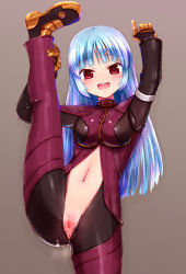 Rule 34 | 1girl, anus, arms up, belt, blue hair, blush, bodysuit, chaps, cleft of venus, commentary, gloves, kula diamond, leg up, long hair, looking at viewer, navel, open clothes, open mouth, pussy, pussy juice, red eyes, smile, snk, solo, split, spread legs, standing, standing on one leg, the king of fighters, the king of fighters xiv, uncensored, unikurage