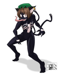 Rule 34 | 1girl, :3, animal ears, bicycle, brown hair, cat ears, cat girl, cat tail, chen, chen (cosplay), cosplay, crossover, drawfag, earrings, female focus, full body, fusion, hat, highres, honk honk (meme), jewelry, marvel, meme, multiple tails, parody, pun, short hair, solo, spider-man (series), standing, symbiote, tail, tongue, touhou, two tails, venom (marvel)