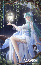 Rule 34 | 1girl, absurdres, artist request, birdcage, blue eyes, blue hair, butterfly hair ornament, cage, detached sleeves, double bun, douluo dalu, dress, floating, floating object, full body, hair bun, hair ornament, highres, long hair, looking at viewer, moon, night, parted lips, second-party source, sitting, solo, tang wutong (douluo dalu), white dress, white footwear