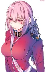 Rule 34 | 1girl, bad id, bad pixiv id, between breasts, blood, blood on clothes, blood on face, braid, breasts, commentary request, eyes visible through hair, fate/grand order, fate (series), florence nightingale (fate), large breasts, long hair, military, military uniform, pink hair, red eyes, shisei (kyuushoku banchou), simple background, solo, uniform, upper body, white background