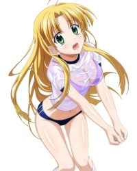 Rule 34 | 1girl, ahoge, asia argento, blonde hair, blush, bra, breasts, green eyes, high school dxd, long hair, medium breasts, navel, open mouth, see-through, solo, underwear