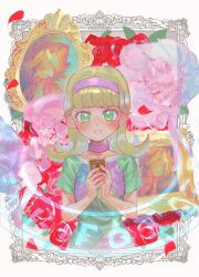 Rule 34 | blonde hair, blush, card, dress, flower, goha yuuna, green eyes, hairband, highres, holding, holding card, looking at viewer, multicolored clothes, multicolored dress, ohdo yuga, pink hairband, pink scarf, portrait (object), red flower, red rose, rose, scarf, yu-gi-oh!, yu-gi-oh! go rush!!, yuzutaroman