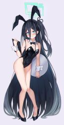 Rule 34 | 1girl, absurdly long hair, absurdres, alternate costume, animal ears, aris (blue archive), bare arms, bare shoulders, black bow, black bowtie, black footwear, black hair, black hairband, black leotard, blue archive, blue eyes, blush, bow, bowtie, breasts, collar, commentary, covered navel, detached collar, fake animal ears, full body, grin, hair between eyes, hairband, halo, hand up, high heels, highleg, highleg leotard, highres, holding, holding menu, holding tray, knees together feet apart, leaning to the side, legs, leotard, long bangs, long hair, long hair between eyes, looking at viewer, menu, one side up, parted lips, pink background, playboy bunny, rabbit ears, reneua, simple background, small breasts, smile, solo, standing, strapless, strapless leotard, tachi-e, teeth, tray, very long hair, white collar, white wrist cuffs, wing collar, wrist cuffs