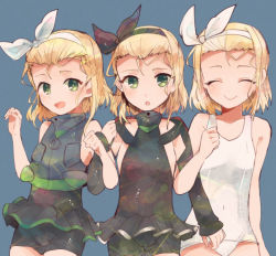 Rule 34 | 10s, 3girls, :d, ^ ^, bike shorts, black hairband, blonde hair, blue background, closed eyes, girl sandwich, green eyes, hairband, i-504 (kancolle), itomugi-kun, kantai collection, luigi torelli (kancolle), multiple girls, multiple persona, one-piece swimsuit, open mouth, sandwiched, school swimsuit, short hair, simple background, sleeveless, smile, swimsuit, uit-25 (kancolle), white hairband, white one-piece swimsuit, white school swimsuit