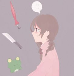 Rule 34 | 1girl, ?, baichi165, braid, brown hair, ears visible through hair, expressionless, frog, from side, grey background, hair between eyes, hair tie, knife, madotsuki, no mouth, pink sweater, red eyes, sanpaku, solo, speech bubble, spoken question mark, sweater, turtleneck, turtleneck sweater, twin braids, umbrella, upper body, yume nikki