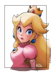 Rule 34 | 1girl, aku tojyo, blonde hair, blue eyes, blush, border, brooch, crown, dated, dress, earrings, elbow gloves, gloves, jewelry, lipstick, long hair, makeup, mario (series), nintendo, parted lips, pink dress, princess, princess peach, puffy short sleeves, puffy sleeves, short sleeves, signature, solo, sphere earrings, super mario bros. 1, unfinished, very long hair, white background
