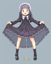 Rule 34 | 1girl, black bow, black eyes, black footwear, black hair, black socks, blunt bangs, blush, bow, clothes lift, dress, dress lift, gothic lolita, grey background, headdress, heijitsu (paapuu), highres, lifted by self, lolita fashion, long hair, long sleeves, open mouth, original, outstretched arms, pee, peeing, puddle, simple background, smile, socks, spread arms, standing, teeth, upper teeth only, water drop