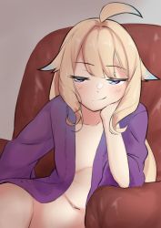 Rule 34 | 1girl, absurdres, ahoge, bird girl, blonde hair, blue hair, blush, bottomless, breasts, coat, couch, enna alouette, gradient hair, hand on own face, highres, long hair, multicolored eyes, multicolored hair, naked coat, navel, nijisanji, nijisanji en, open clothes, open coat, purple coat, purple eyes, sitting, small breasts, smile, smug, solo, virtual youtuber, wings, yarashi thought, yellow eyes