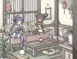 Rule 34 | 2girls, black legwear, blunt bangs, blush, book, capelet, character doll, commentary request, couch, cup, cushion, dark-skinned female, dark skin, dress, fishnet legwear, fishnets, flower, food, genshin impact, hat, highres, holding, indoors, lantern, long hair, multicolored hair, multiple girls, parted lips, plant, plate, pom pom (clothes), potted plant, purple hair, purple legwear, red eyes, red hair, shionosuke, shorts, sitting, slime (genshin impact), spikes, streaked hair, stuffed animal, stuffed toy, table, tassel, teacup, teapot, teddy bear, tray, twintails, vase, white flower, white shorts, window, xinyan (genshin impact), yarn, yarn ball, yellow eyes, yun jin (genshin impact)