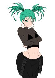 Rule 34 | 1girl, alternate hairstyle, ass, bikini, bikini under clothes, breasts, crossed arms, curly hair, curvy, earrings, female focus, green eyes, green hair, highres, huge ass, jewelry, looking at viewer, one-punch man, pants, solo, swimsuit, tatsumaki, thick thighs, thighs, thong, thong bikini, tight clothes, twintails, wide hips, zonen404