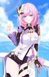 Rule 34 | 1girl, absurdres, black gloves, black shorts, blue eyes, blue sky, breasts, cleavage, clothing cutout, cloud, cloudy sky, elf, elysia (honkai impact), elysia (miss pink elf) (honkai impact), frilled sleeves, frills, gloves, hair between eyes, hair ornament, highres, honkai (series), honkai impact 3rd, large breasts, leaning on object, leaning to the side, long hair, looking at viewer, pink hair, pink pupils, pointy ears, qing231, shirt, short shorts, shorts, side cutout, sky, smile, solo, sunlight, teeth, thighs, triquetra, very long hair, water, white shirt