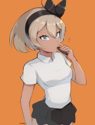 Rule 34 | 1girl, bea (pokemon), blonde hair, blush, bow hairband, breasts, bright pupils, brown hairband, collared shirt, commentary, creatures (company), eating, eyelashes, food, game freak, grey eyes, hair between eyes, hairband, hand up, highres, holding, holding food, looking at viewer, milka (milk4ppl), miniskirt, nintendo, notice lines, orange background, pleated skirt, pokemon, pokemon swsh, school uniform, shirt, short hair, short sleeves, signature, simple background, skirt, solo, white pupils, white shirt