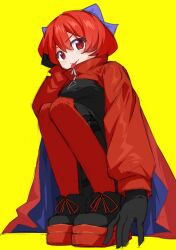 Rule 34 | 1girl, black bodysuit, black footwear, black gloves, blue bow, blue cape, bodysuit, bow, cape, cloak, colored shoe soles, full body, gloves, hair bow, highres, latex, latex bodysuit, puffy sleeves, punidayo, red cape, red cloak, red eyes, red hair, red sleeves, ribbon-trimmed bow, rock &#039;n&#039; rock &#039;n&#039; beat, sekibanki, short hair, simple background, skin tight, solo, squatting, tongue, tongue out, two-sided cape, two-sided fabric, two-tone cape, yellow background, zipper, zipper pull tab